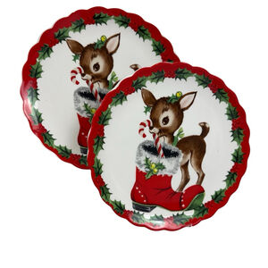 Mr Christmas Santa Reindeer Scalloped Plates Set of 2 Dinnerware Ceramic Holiday